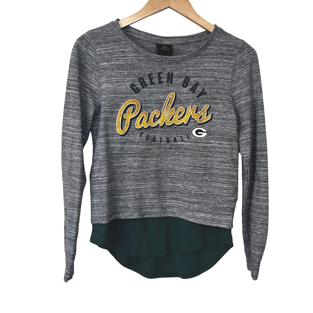 NFL Green Bay Packers Grey Space Dye Layered Long Sleeve Top Juniors Medium 7/9